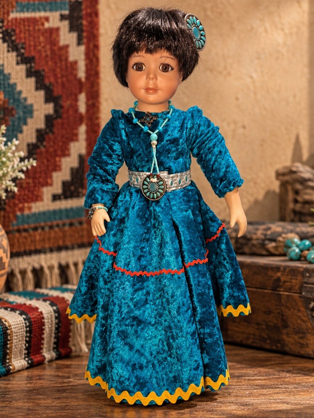 Vintage 15” Collector Doll Teal Velvet Southwestern Style 9629A